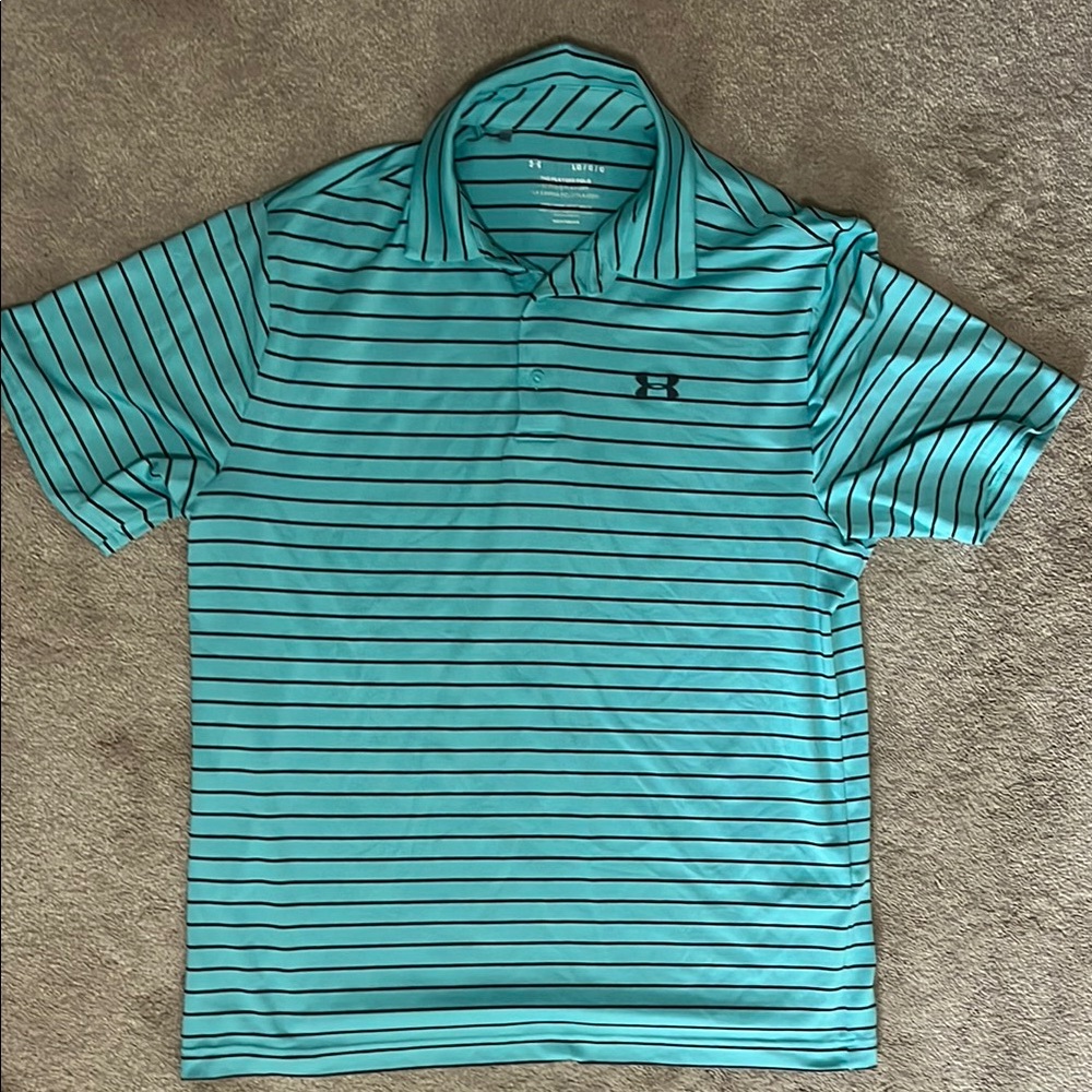 Under Armour Men’s Polo Shirt Loose Fit Blue Stripes Size Large Short Sleeve